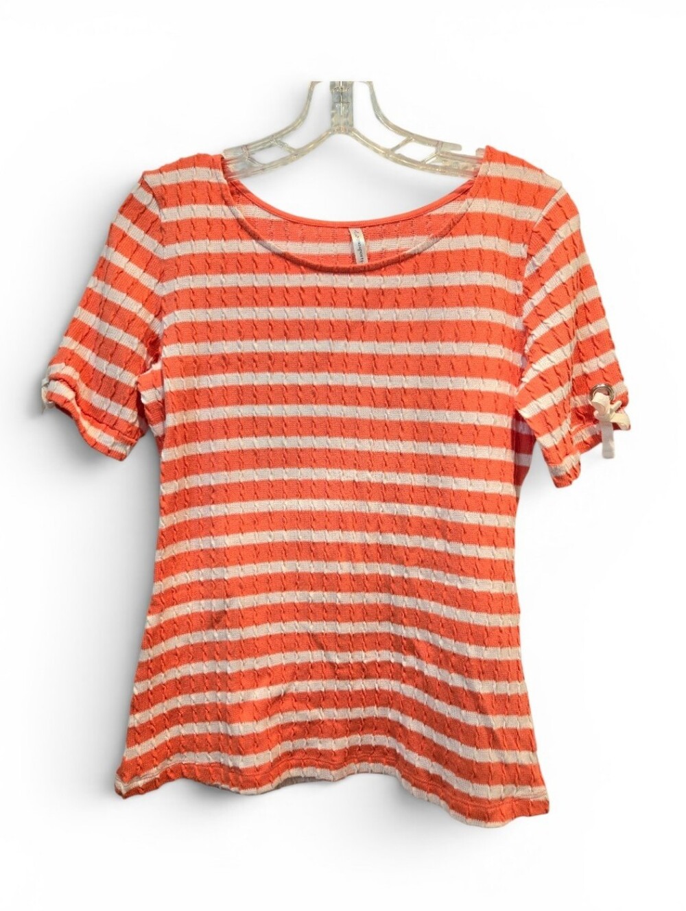 Y2k Coastal Coral Striped Pucker Knit Top Scoop Neck Sm Cottagecore